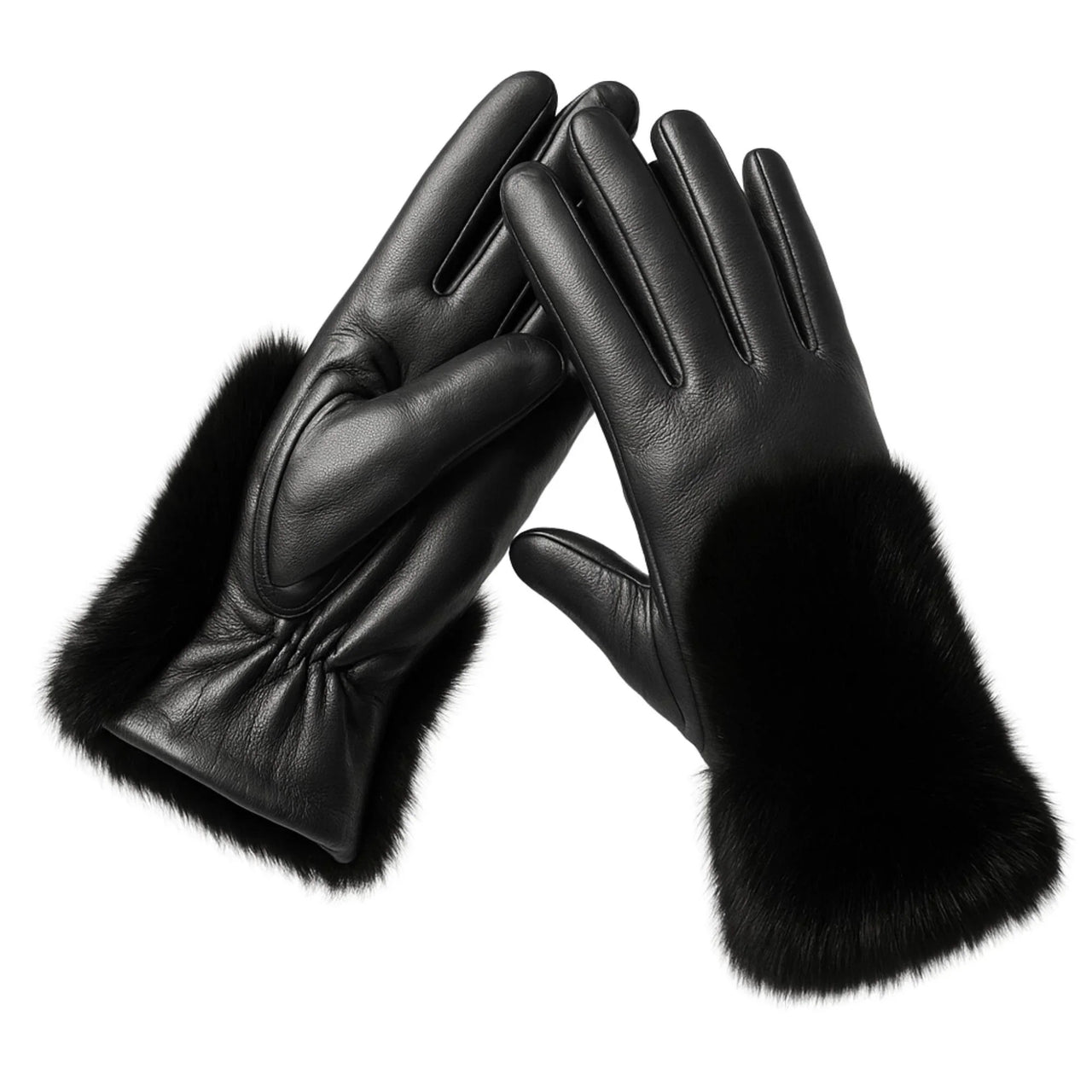 Pair of black leather gloves with mink fur  on a white background