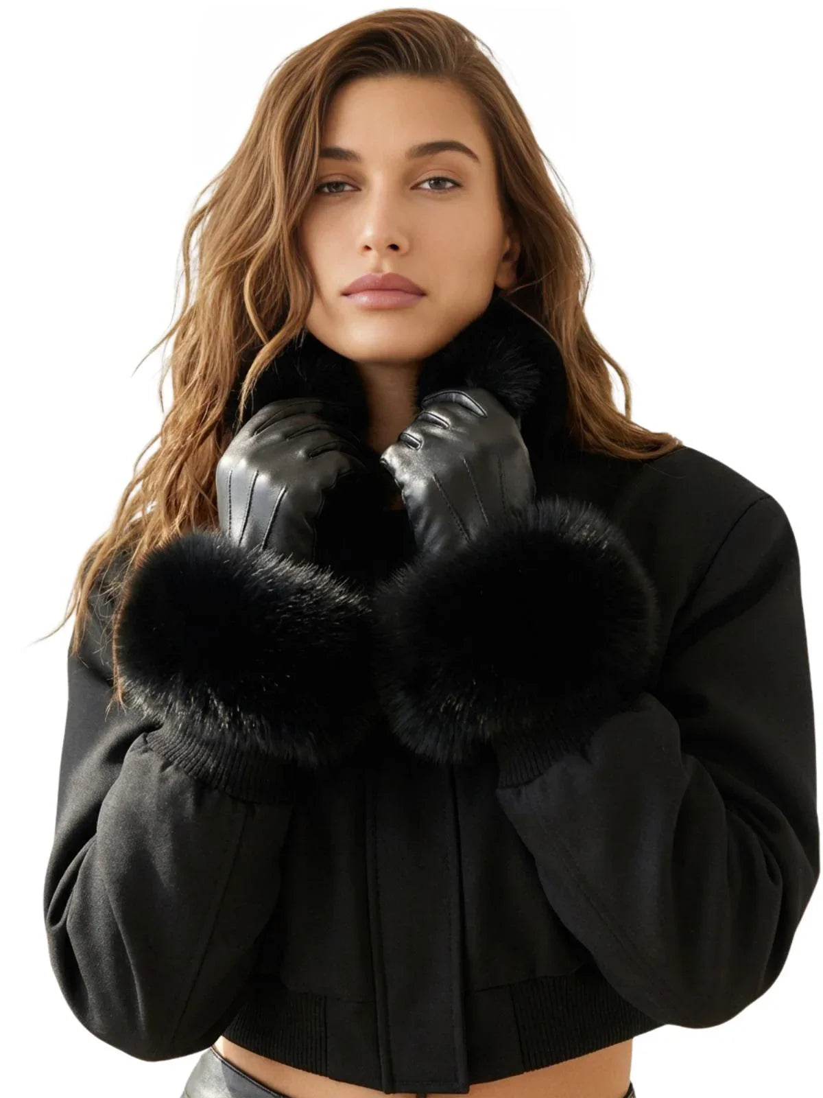 High-End Women's Real-Fur Leather Gloves Touch Screen Natural Leather Sheepskin Driving Winter Warm Plush Thick Mink Fur