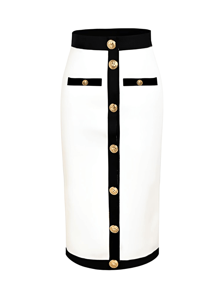 Drestiny-High Waist Button Patchwork White & Black Bodycon Bandage Skirt