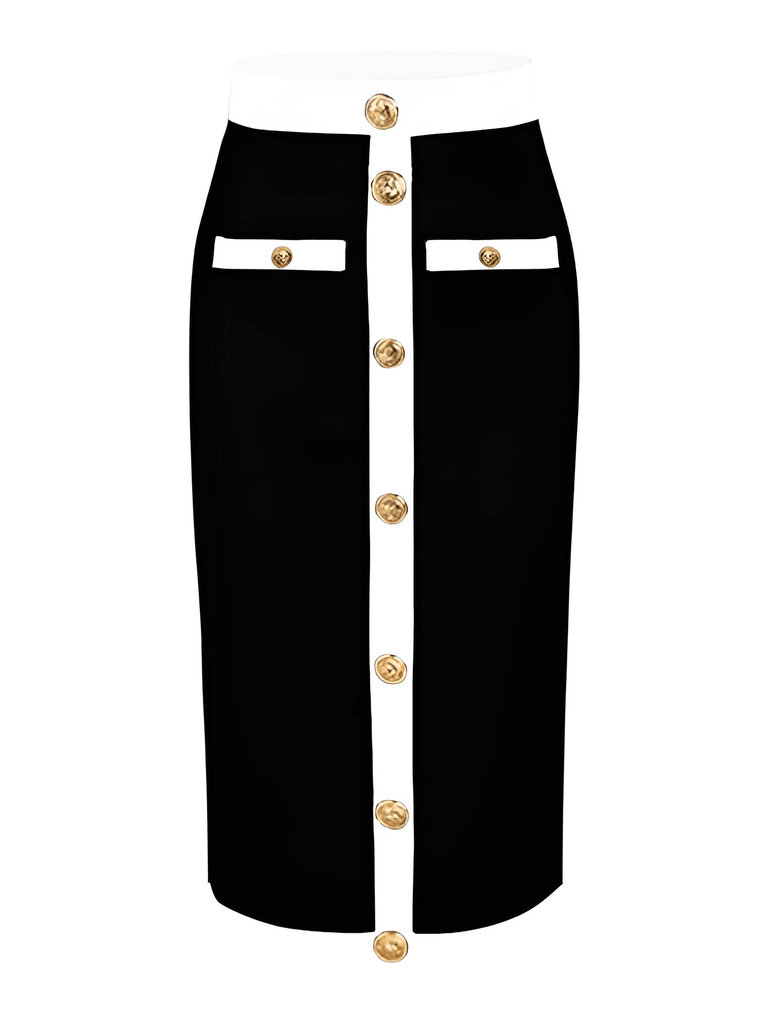 High Waist Button Patchwork White & Black Bodycon Bandage Skirt