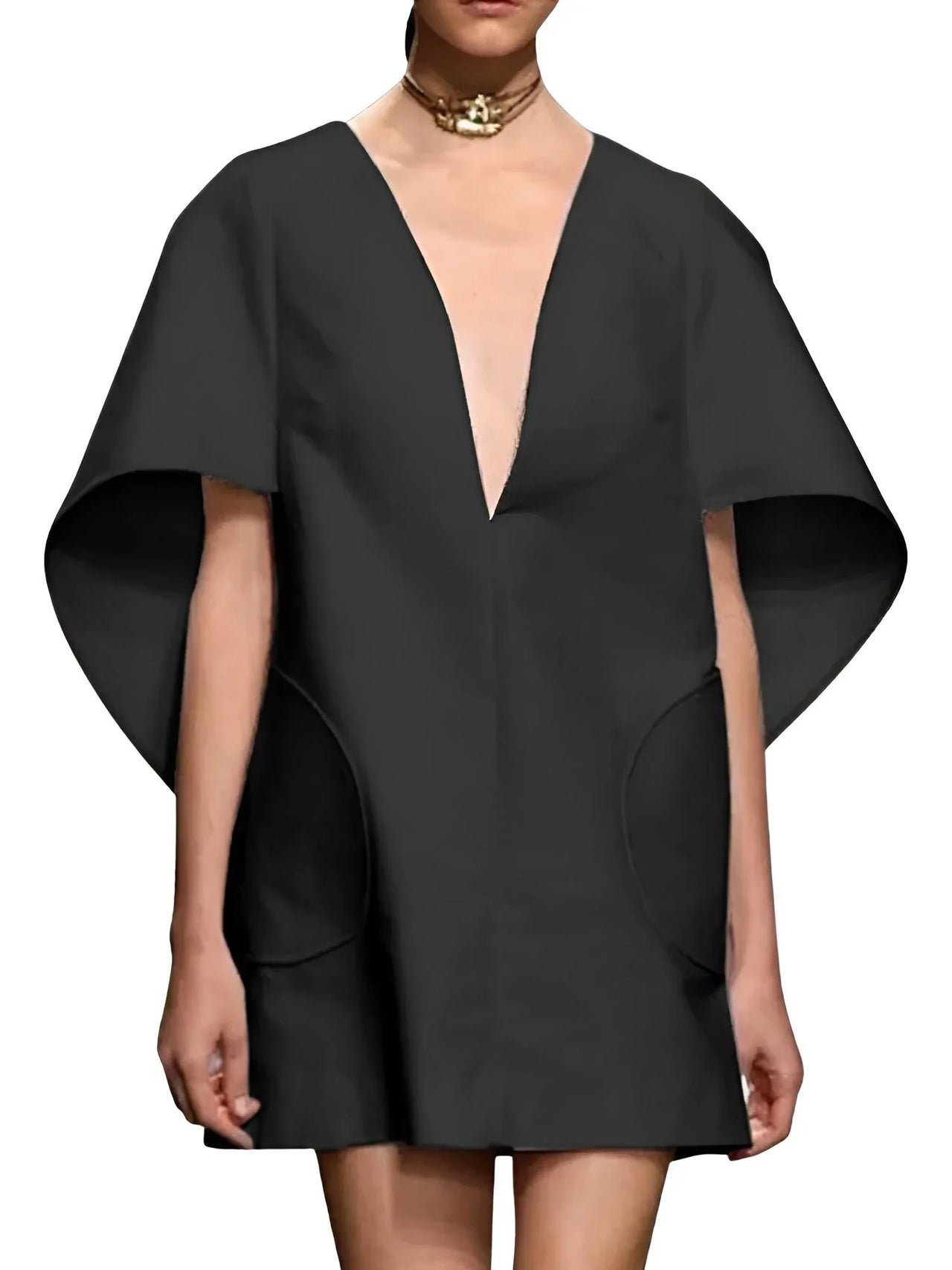 Black mini dress with cape sleeves on a white background