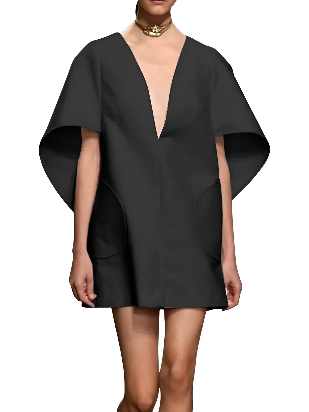 Black dress with cape sleeves on a white background