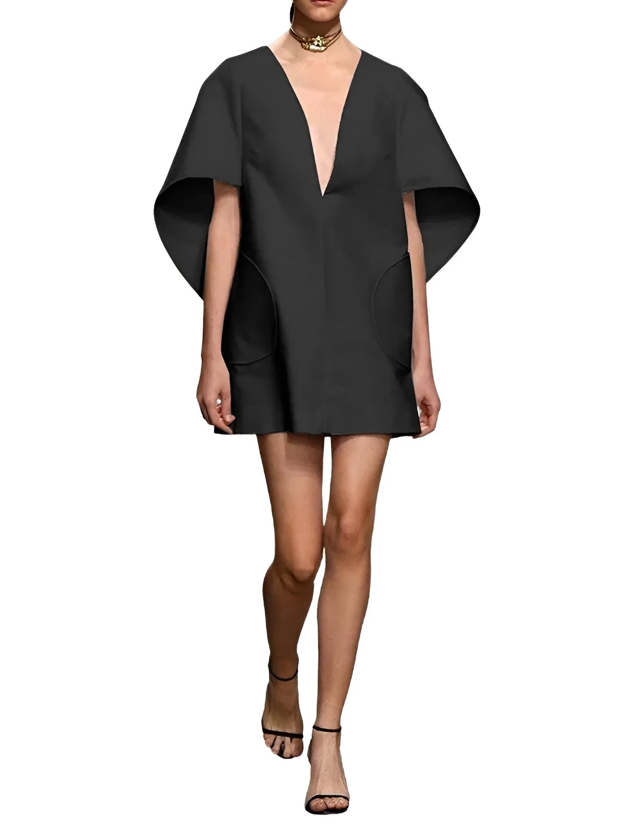 Black dress with cape sleeves on a white background