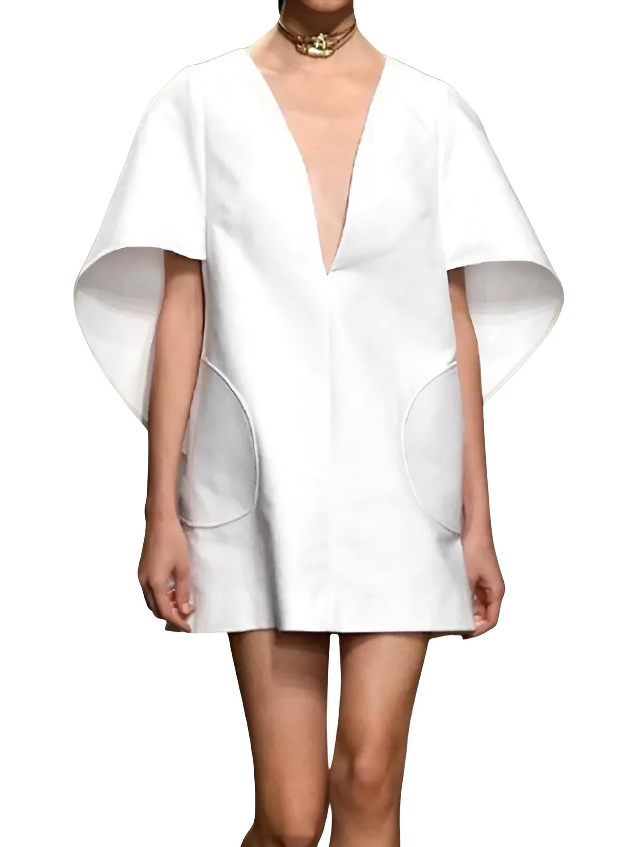 White mini dress with cape sleeves on a white background