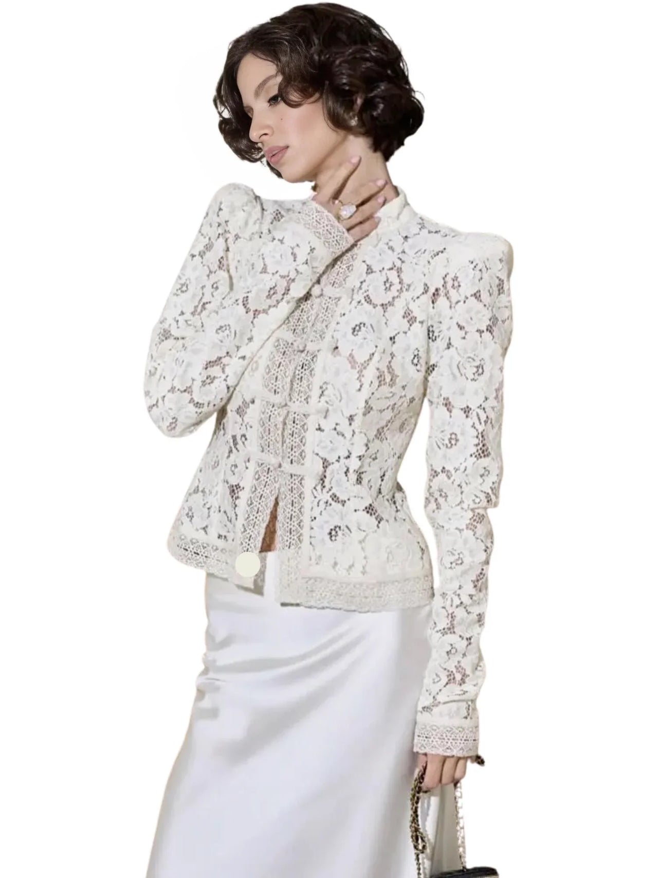 Woman wearing a white lace blouse on a white background