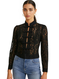 Thumbnail for Woman wearing a black lace blouse and blue jeans on a white background