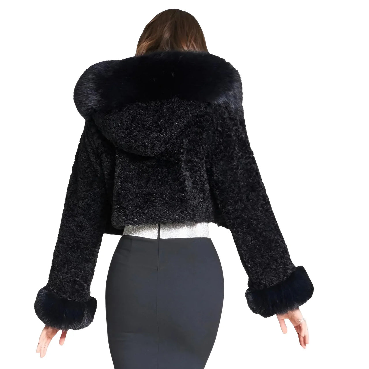 Black fur-trimmed jacket worn by a person on a white background