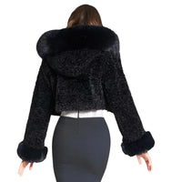 Thumbnail for Black fur-trimmed jacket worn by a person on a white background