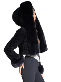 Thumbnail for Black fur-lined hooded jacket worn by a person on a white background
