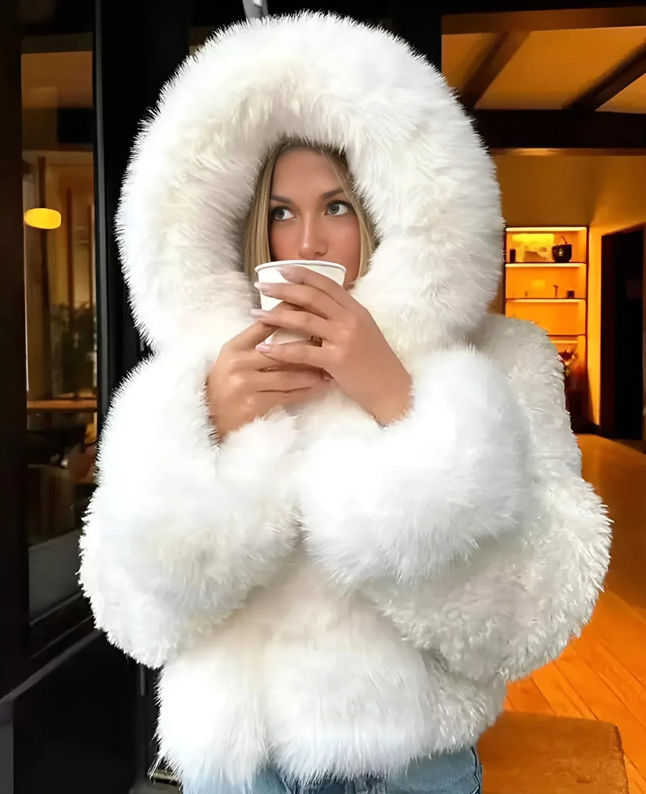 Person wearing a white fur coat with a hood, holding a coffee cup indoors.