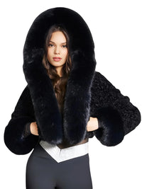 Thumbnail for High Quality Faux Fur Coats Women's Hooded Fur Coat Cropped White Black Faux Fur Coat, Drestiny, Coats, Fur Coats, XS, S, M, L, XL, XXL, XXXL, 3XL, Black, White, Women's hooded fur jacket, Women's faux fur coat with hood, black faux fur coat, Shearling jacket with hood, United States, USA, Canada, Australia, New Zealand, United Kingdom, UK, shopdrestiny.com