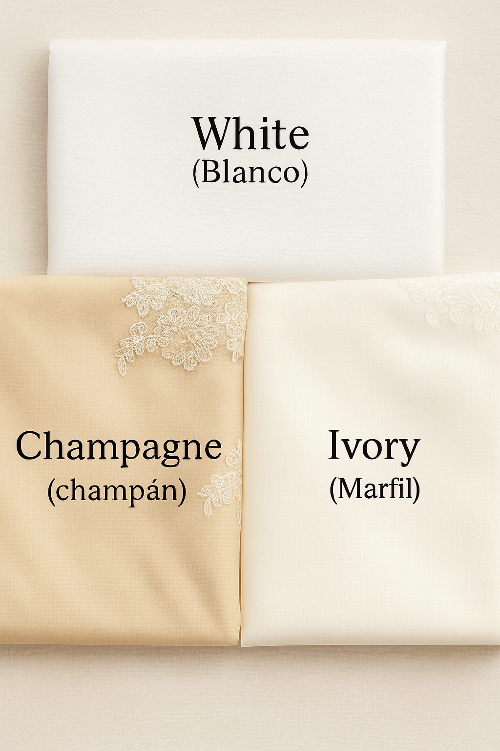 Three folded fabric swatches labeled 'White', 'Champagne', and 'Ivory' on a beige background.