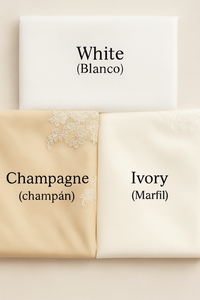 Thumbnail for Three folded fabric swatches labeled 'White', 'Champagne', and 'Ivory' on a beige background.