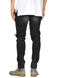Thumbnail for Person wearing black denim and leather jeans on a white background