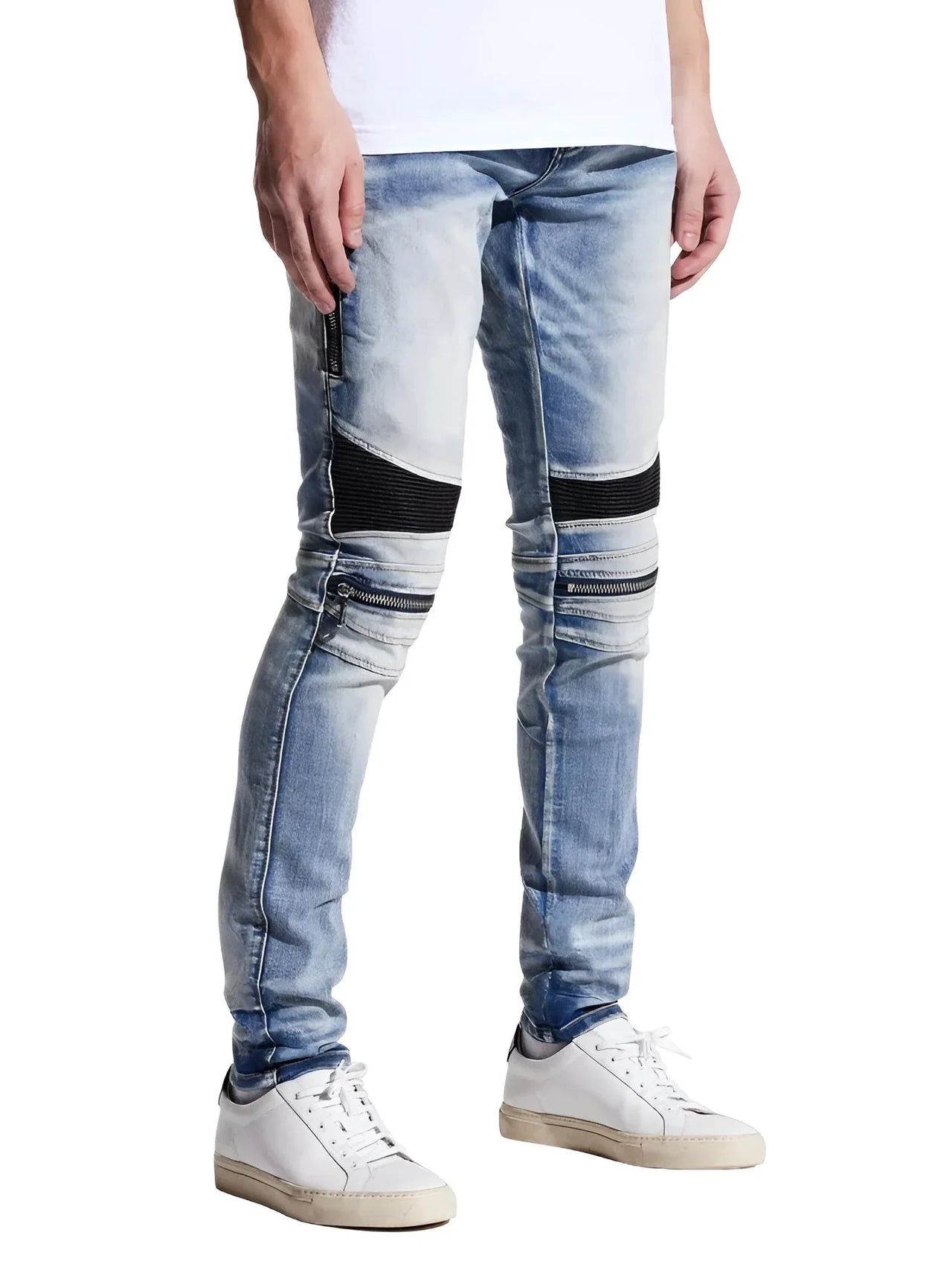 High Street PU Leather Men's Zipper Patchwork Jeans