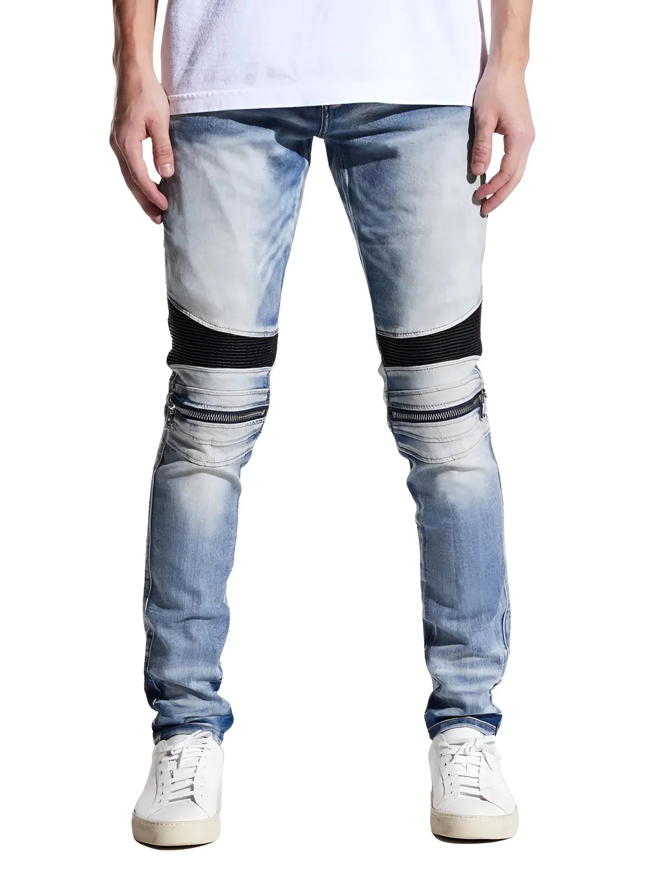 High Street PU Leather Men's Zipper Patchwork Jeans