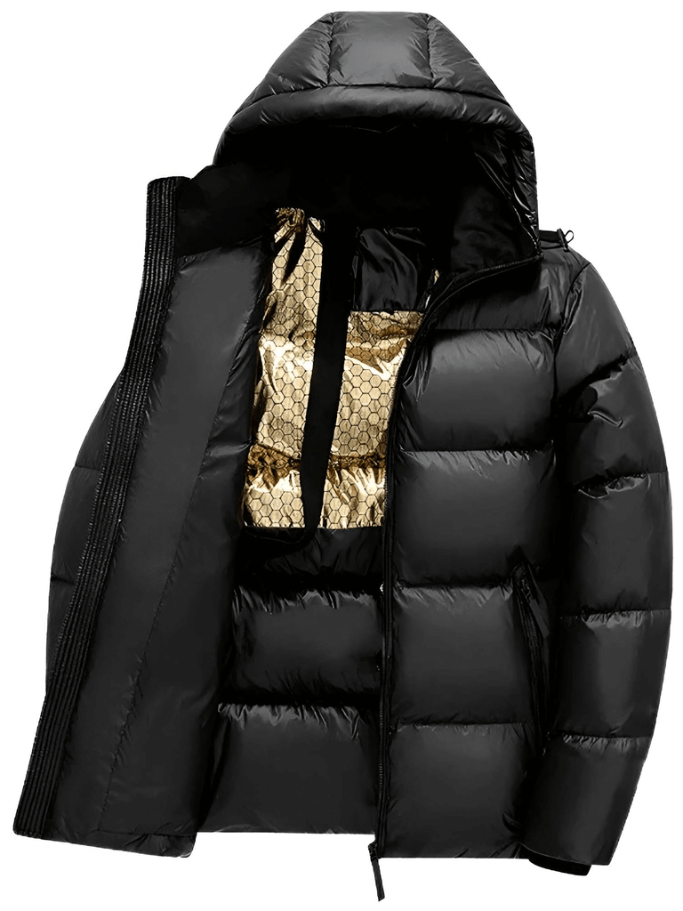 Hooded Black and Gold Puffer Coat For Men