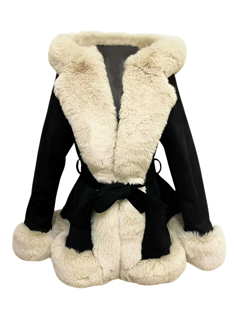 Hooded Fur Coats For Women With Belt and Fur Lining Inside