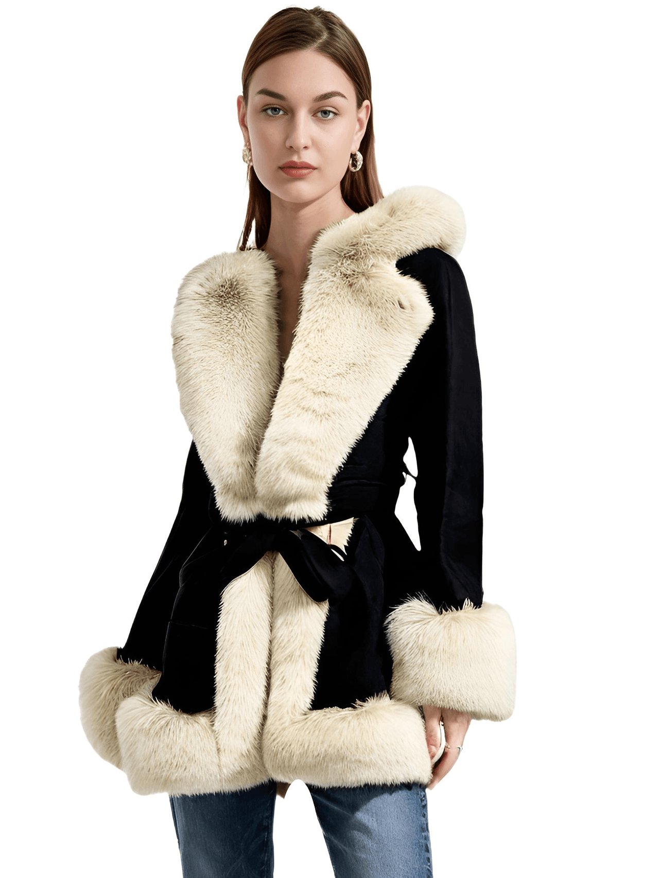 Hooded Fur Coats For Women With Belt and Fur Lining Inside -, Coats , Drestiny , Australia, Beige, Black, Brown, Camel, Canada, Coats, Jackets, L, M, New Zealand, S, United Kingdom, United States, XL, XXL, XXXL , Drestiny , www.shopdrestiny.com