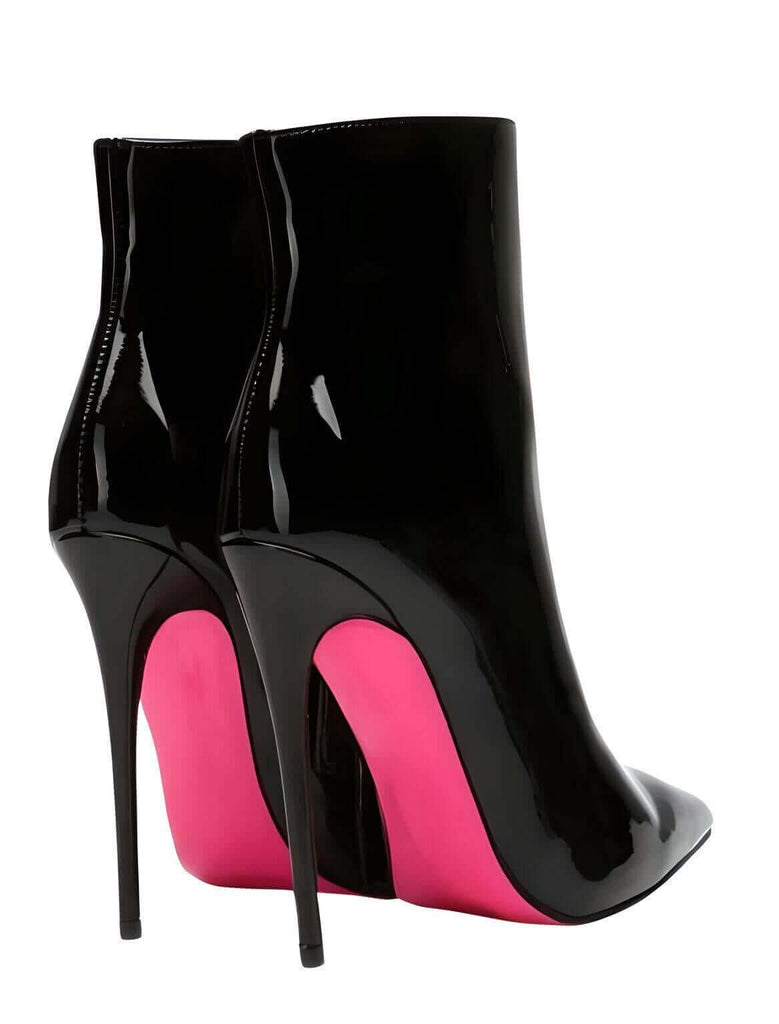 Hot Pink Bottom Shiny Black Leather Ankle Boots For Women