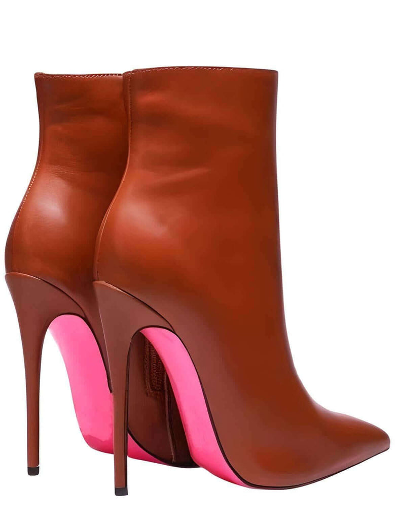 Hot Pink Bottom Shiny Brown Leather Ankle Boots For Women