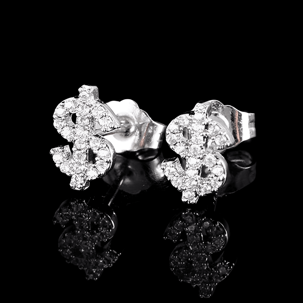 Iced Out 3A Zircon Silver Dollar Sign Earrings For Men