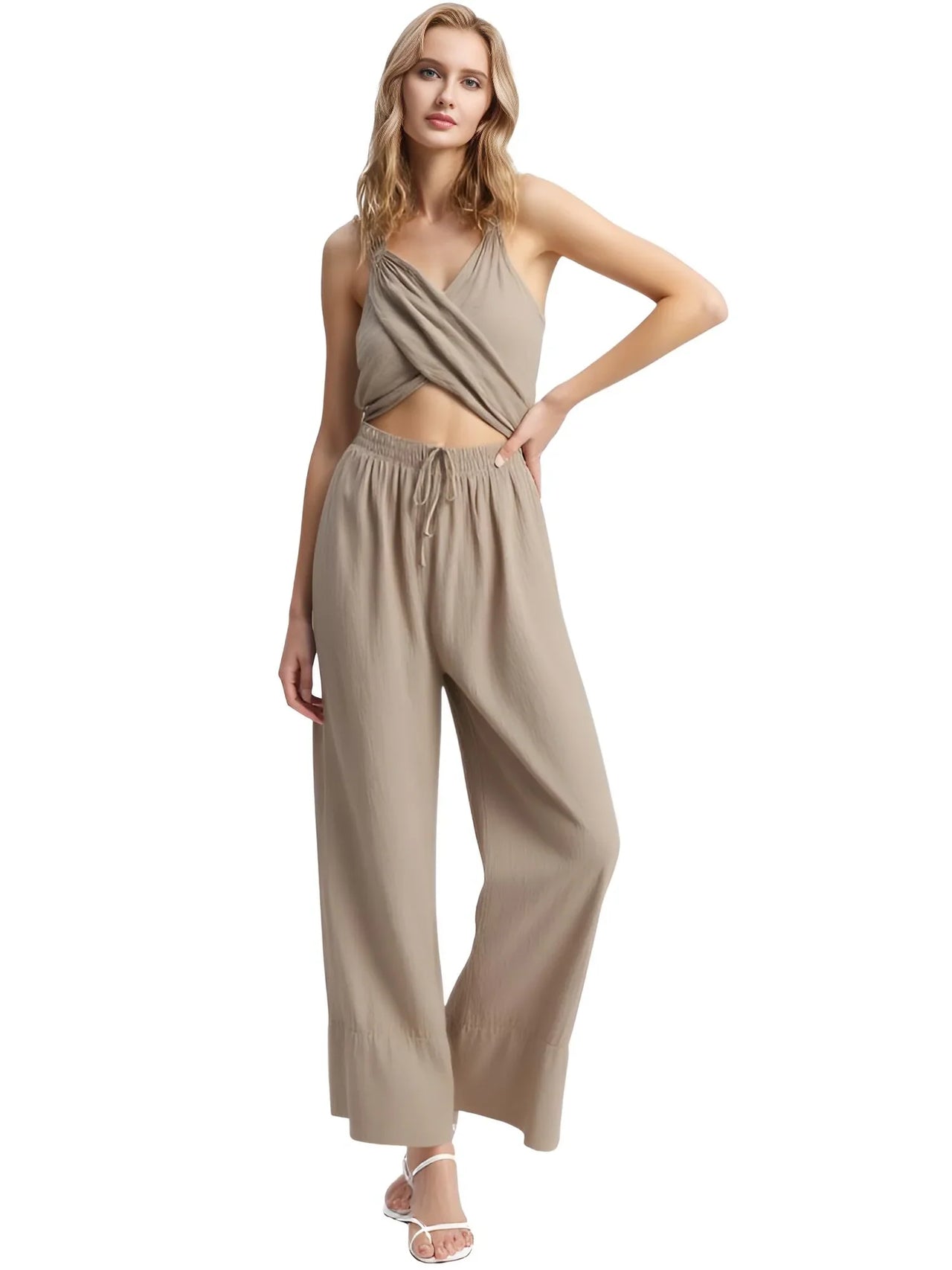 Khaki Suits Women Sleeveless Halter Sexy Crop Tops Women's Streetwear Fashion Set High Waist Wide Leg Pants + Halter Top