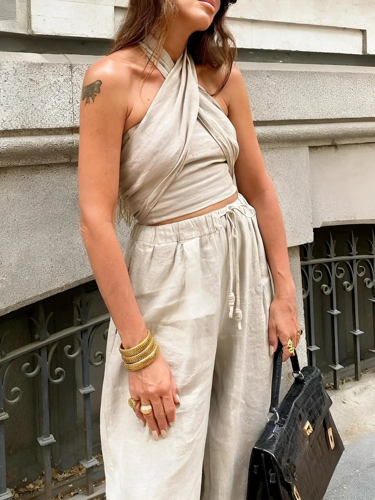 Khaki Suits Women Sleeveless Halter Sexy Crop Tops Women's Streetwear Fashion Set High Waist Wide Leg Pants + Halter Top, Drestiny, Sets, Pant Sets, Casual Pants, Casual Shirts, Sleeveless, Crop Tops, XS, S, M, L, White, Grey, Orange, Khaki, United States, Canada, Australia, New Zealand, United Kingdom, women's streetwear sets, ladies streetwear outfits, street style sets for women, trendy streetwear women, matching streetwear sets women, co-ord streetwear women, urban fashion sets female, shopdrestiny.com