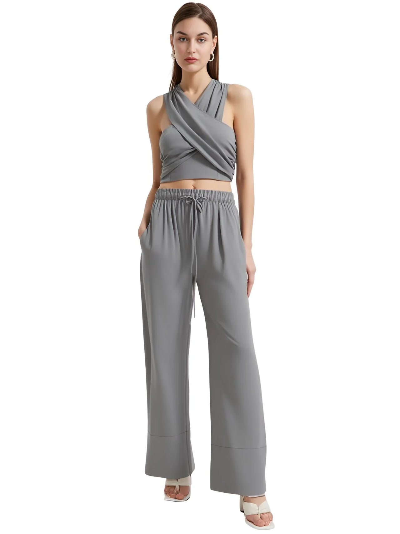 Khaki Suits Women Sleeveless Halter Sexy Crop Tops Women's Streetwear Fashion Set High Waist Wide Leg Pants + Halter Top, Drestiny, Sets, Pant Sets, Casual Pants, Casual Shirts, Sleeveless, Crop Tops, XS, S, M, L, White, Grey, Orange, Khaki, United States, Canada, Australia, New Zealand, United Kingdom, women's streetwear sets, ladies streetwear outfits, street style sets for women, trendy streetwear women, matching streetwear sets women, co-ord streetwear women, urban fashion sets female, shopdrestiny.com