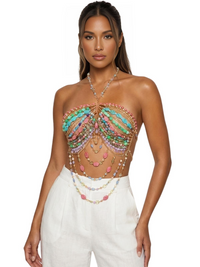 Thumbnail for Ladies Beaded Jewelry Top Hollow Out Top Body Jewelry Exaggerated Pearl Neck Bustier Fashion Bra Women Club Rave