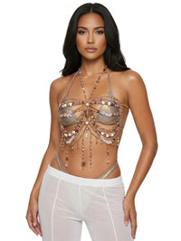 Thumbnail for Ladies Beaded Jewelry Top Hollow Out Top Body Jewelry Exaggerated Pearl Neck Bustier Fashion Bra Women Club Rave