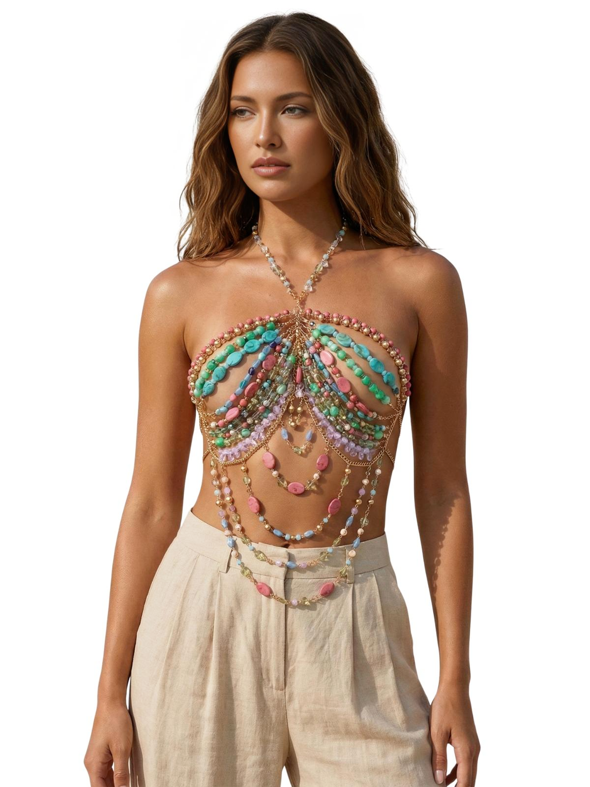 Ladies Beaded Jewelry Top Hollow Out Top Body Jewelry Exaggerated Pearl Neck Bustier Fashion Bra Women Club Rave