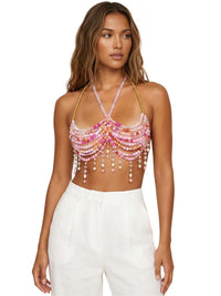 Thumbnail for Ladies Beaded Jewelry Top Hollow Out Top Body Jewelry Exaggerated Pearl Neck Bustier Fashion Bra Women Club Rave