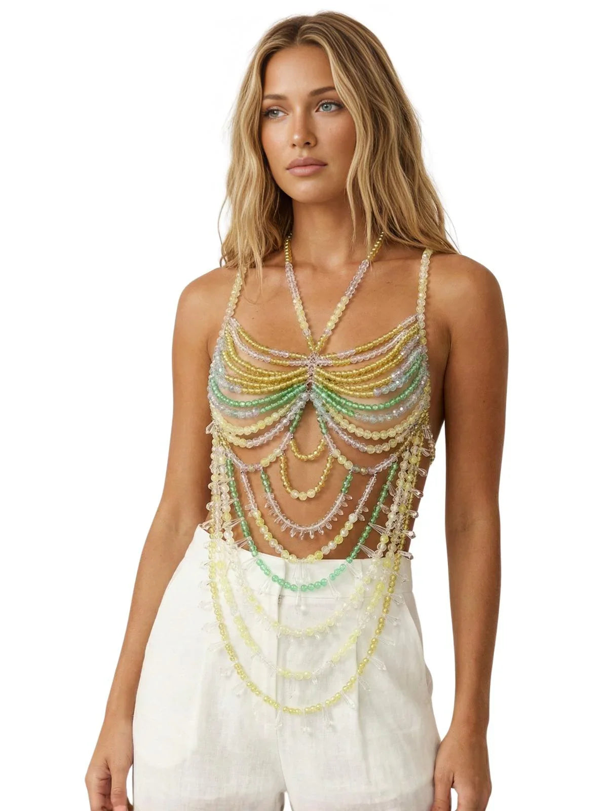 Ladies Beaded Jewelry Top Hollow Out Top Body Jewelry Exaggerated Pearl Neck Bustier Fashion Bra Women Club Rave