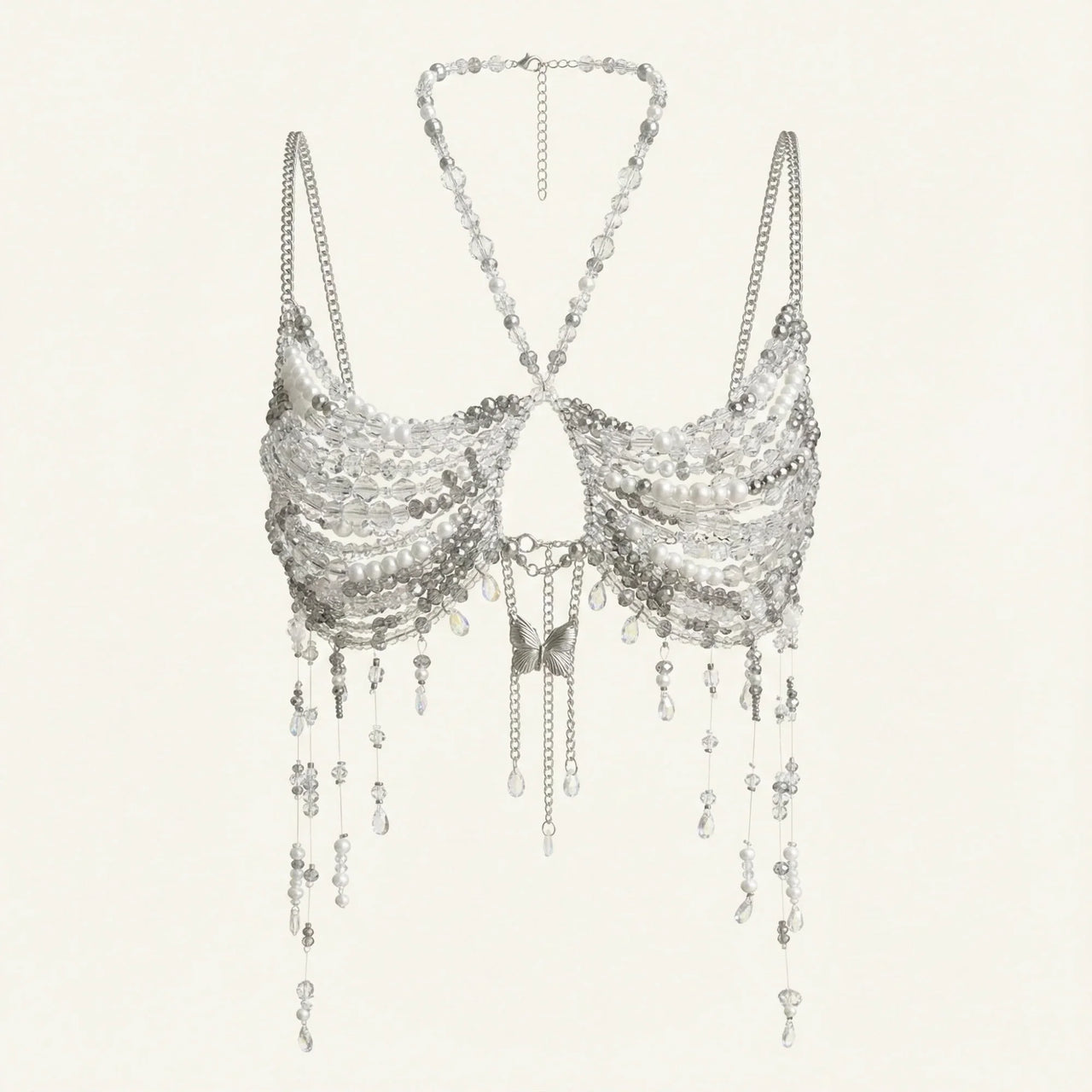 Ladies Beaded Jewelry Top Hollow Out Top Body Jewelry Exaggerated Pearl Neck Bustier Fashion Bra Women Club Rave