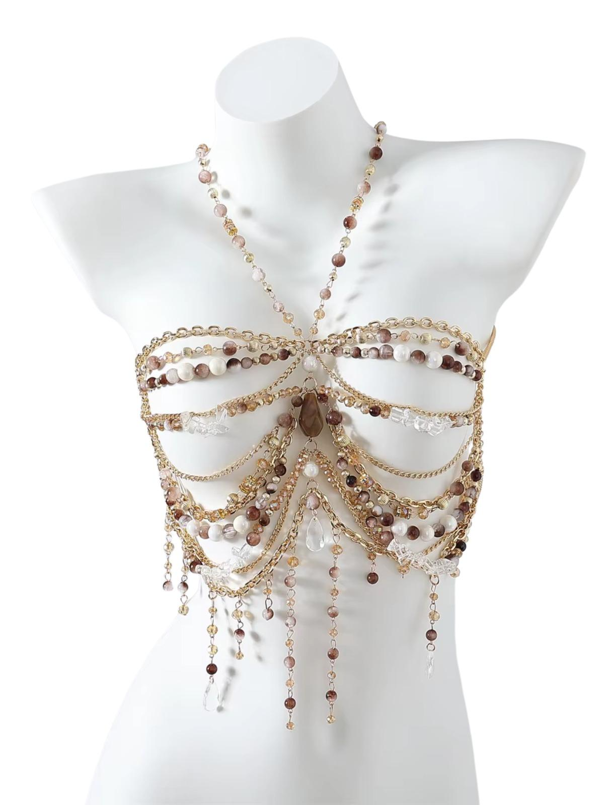 Ladies Beaded Jewelry Top Hollow Out Top Body Jewelry Exaggerated Pearl Neck Bustier Fashion Bra Women Club Rave