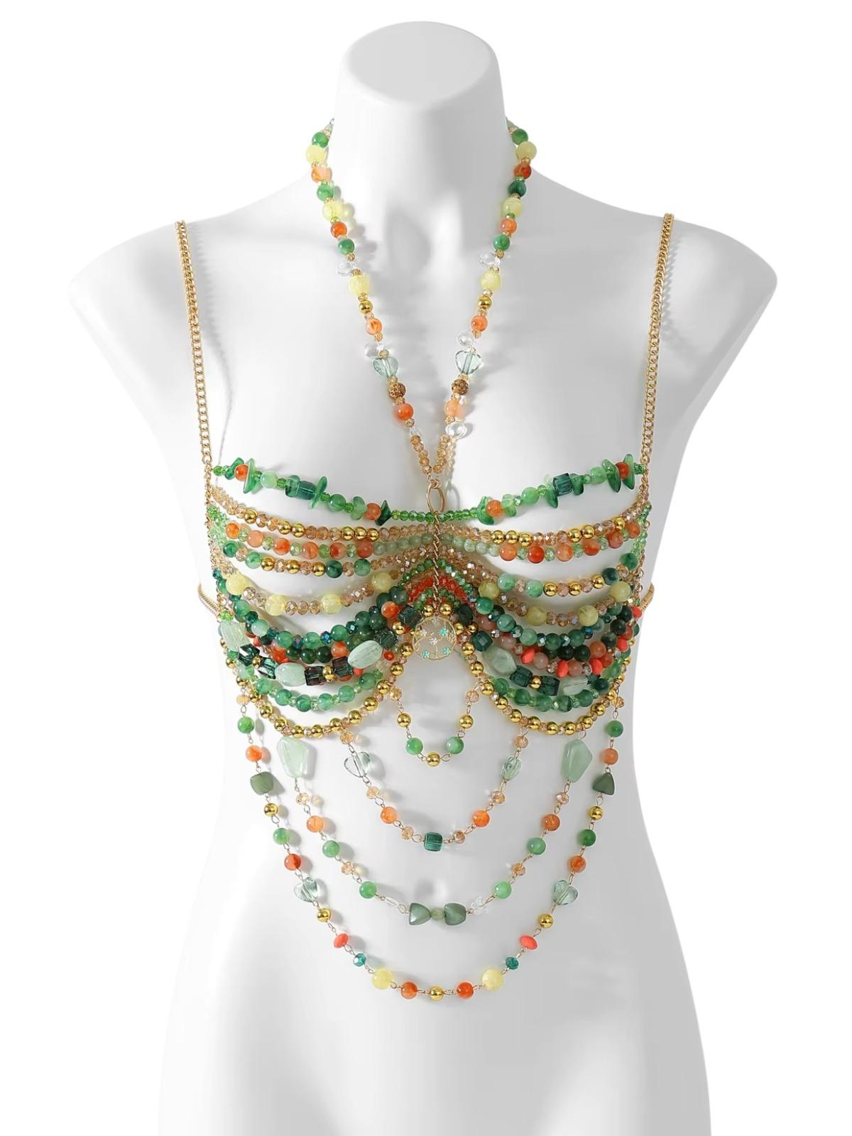 Ladies Beaded Jewelry Top Hollow Out Top Body Jewelry Exaggerated Pearl Neck Bustier Fashion Bra Women Club Rave