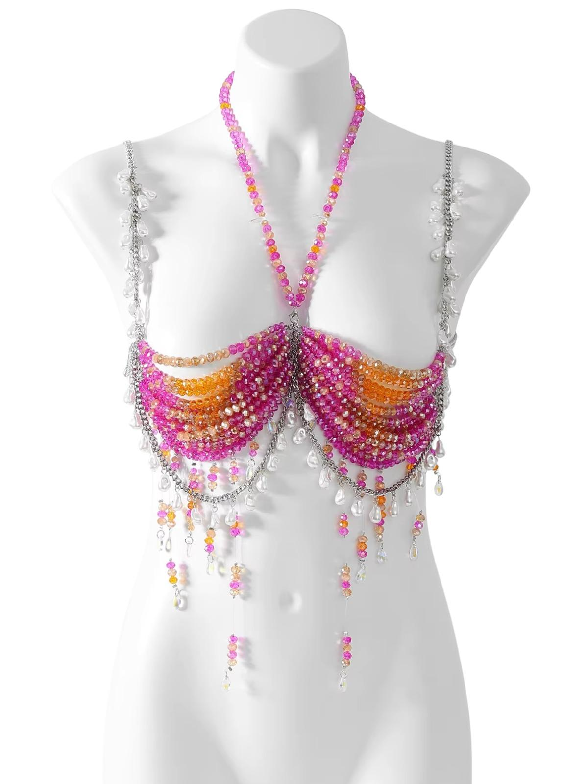 Ladies Beaded Jewelry Top Hollow Out Top Body Jewelry Exaggerated Pearl Neck Bustier Fashion Bra Women Club Rave