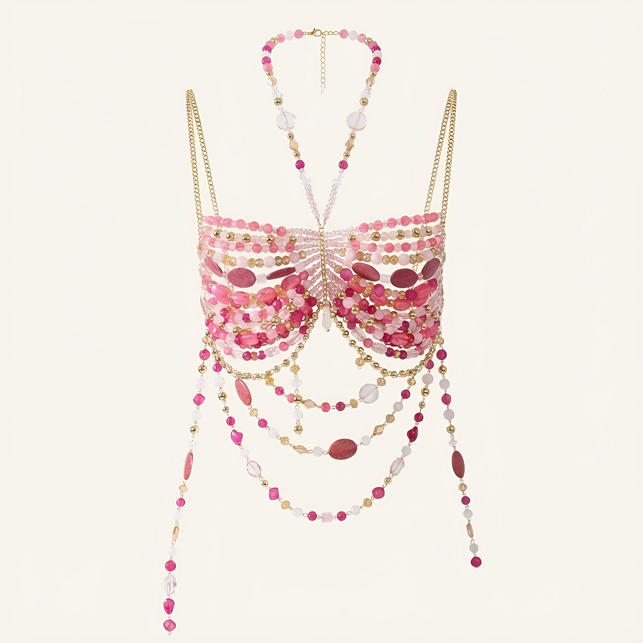 Ladies Beaded Jewelry Top Hollow Out Top Body Jewelry Exaggerated Pearl Neck Bustier Fashion Bra Women Club Rave