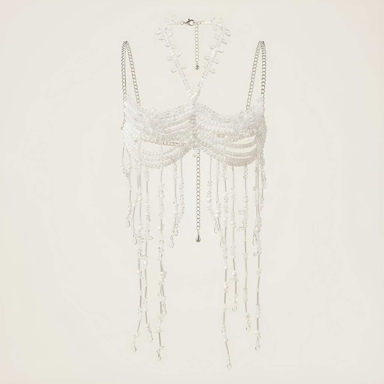 Ladies Beaded Jewelry Top Hollow Out Top Body Jewelry Exaggerated Pearl Neck Bustier Fashion Bra Women Club Rave