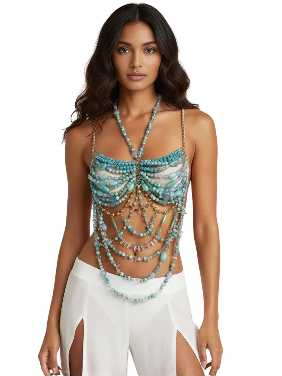 Ladies Beaded Jewelry Top Hollow Out Top Body Jewelry Exaggerated Pearl Neck Bustier Fashion Bra Women Club Rave