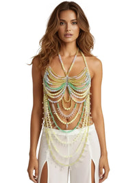 Thumbnail for Ladies Beaded Jewelry Top Hollow Out Top Body Jewelry Exaggerated Pearl Neck Bustier Fashion Bra Women Club Rave