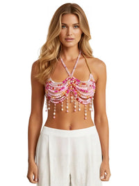 Thumbnail for Ladies Beaded Jewelry Top Hollow Out Top Body Jewelry Exaggerated Pearl Neck Bustier Fashion Bra Women Club Rave