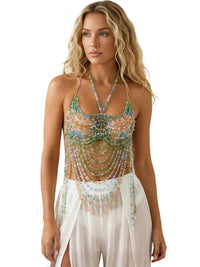 Thumbnail for Ladies Beaded Jewelry Top Hollow Out Top Body Jewelry Exaggerated Pearl Neck Bustier Fashion Bra Women Club Rave