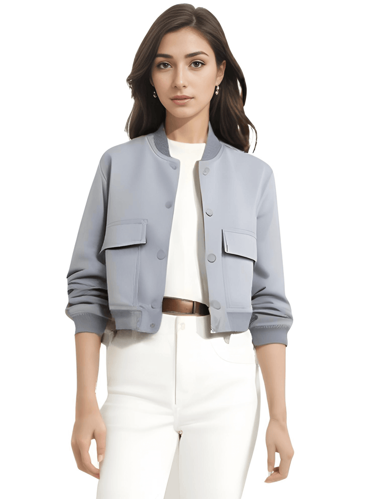 Elevate your wardrobe with the trendy Large Pocket Gray Bomber Jacket for women. Shop Drestiny today to enjoy free shipping and tax covered by us! Save up to 50% off!