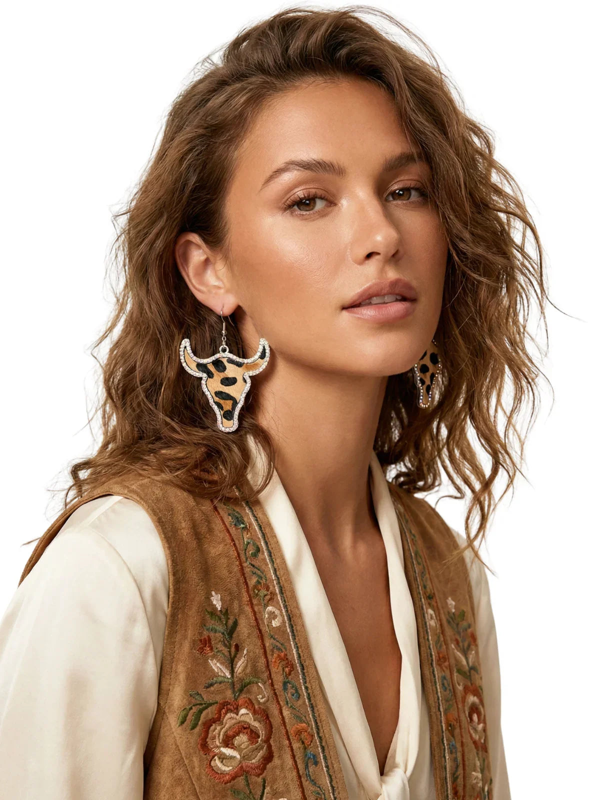 Large Texas Longhorn Leather Earrings For Women