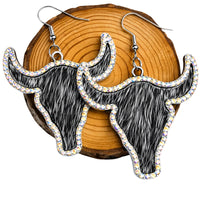 Thumbnail for Bull head-shaped earrings with rhinestones on a wooden background