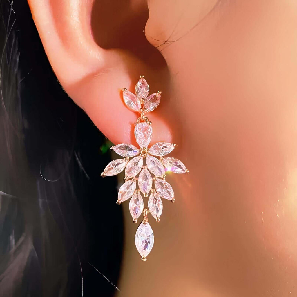Leaf AAA+ Zircon Dangle Pink Drop Earrings