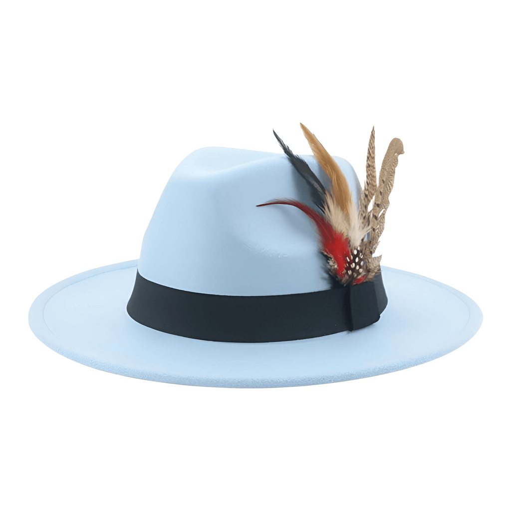 Light Blue Fedora With Feather and Band Detailing For Men & Women