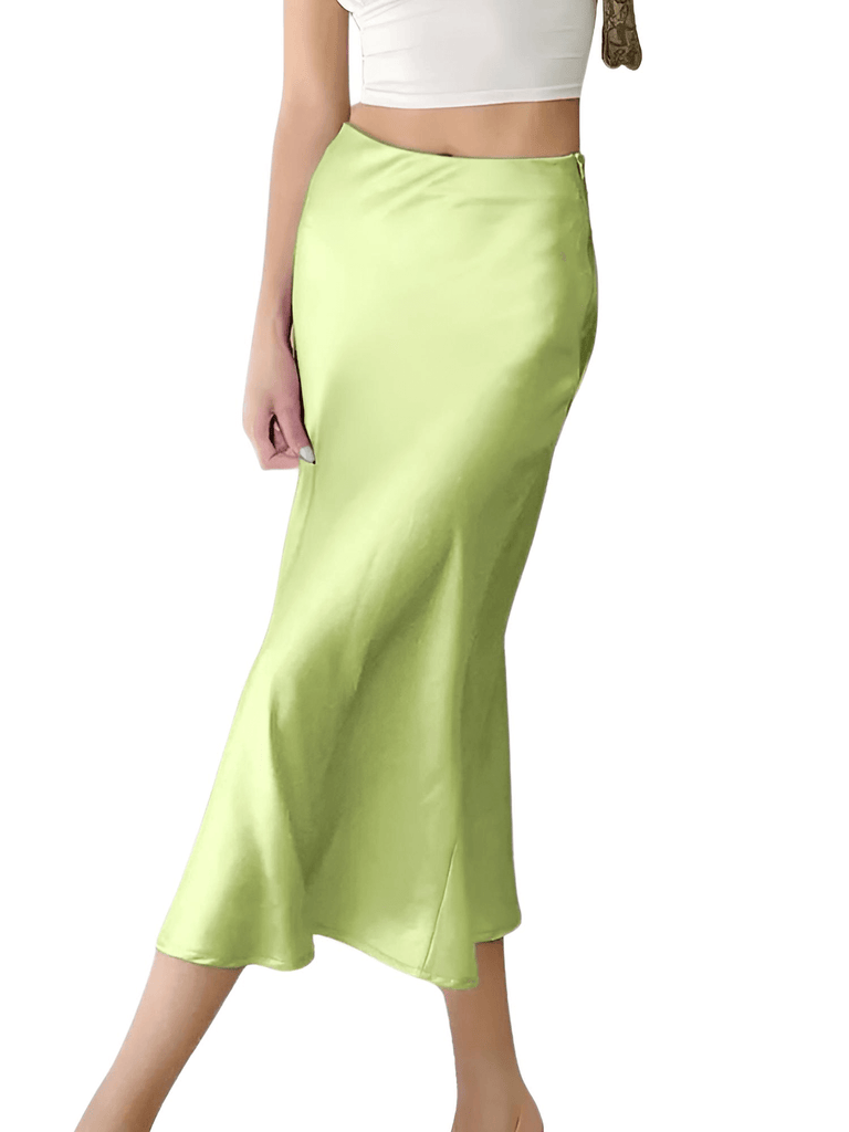 Satin Light Green Skirt Women High Waisted & Matching Top